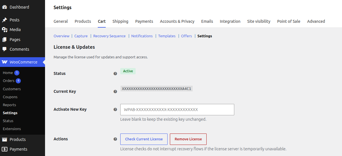 CartBay License Active screen