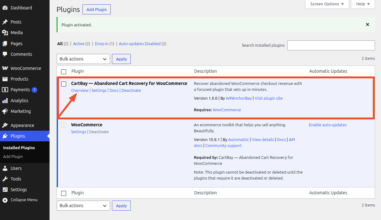 Installed Plugin Page - CartBay
