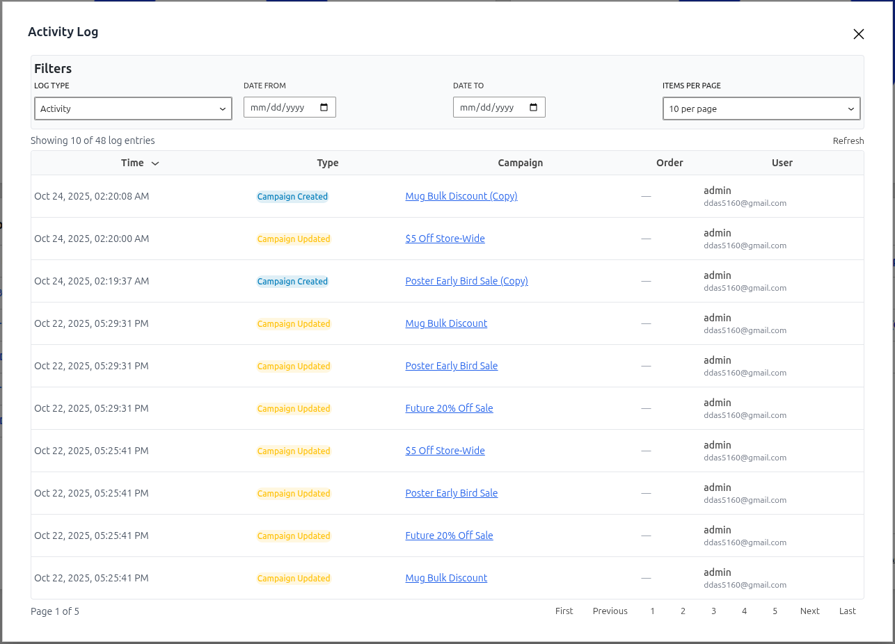 Full Activity Log Modal