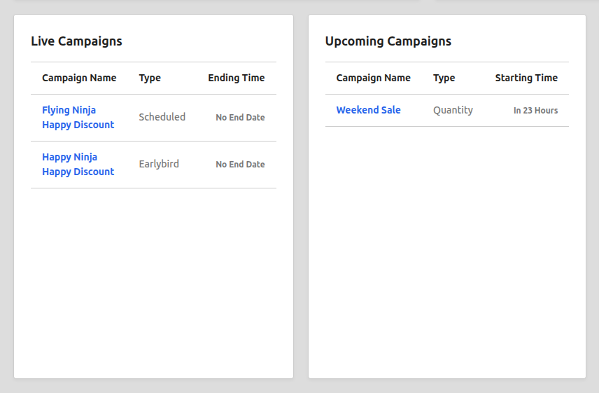 Live and Upcoming Campaigns Widgets