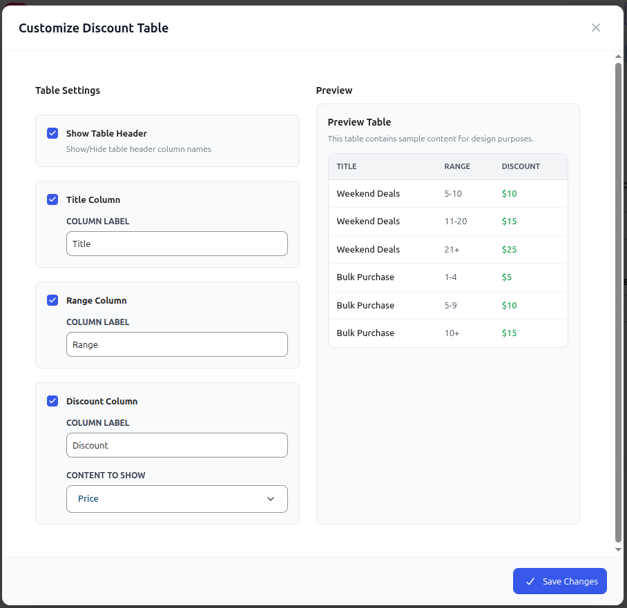 Customize Discount Table Modal