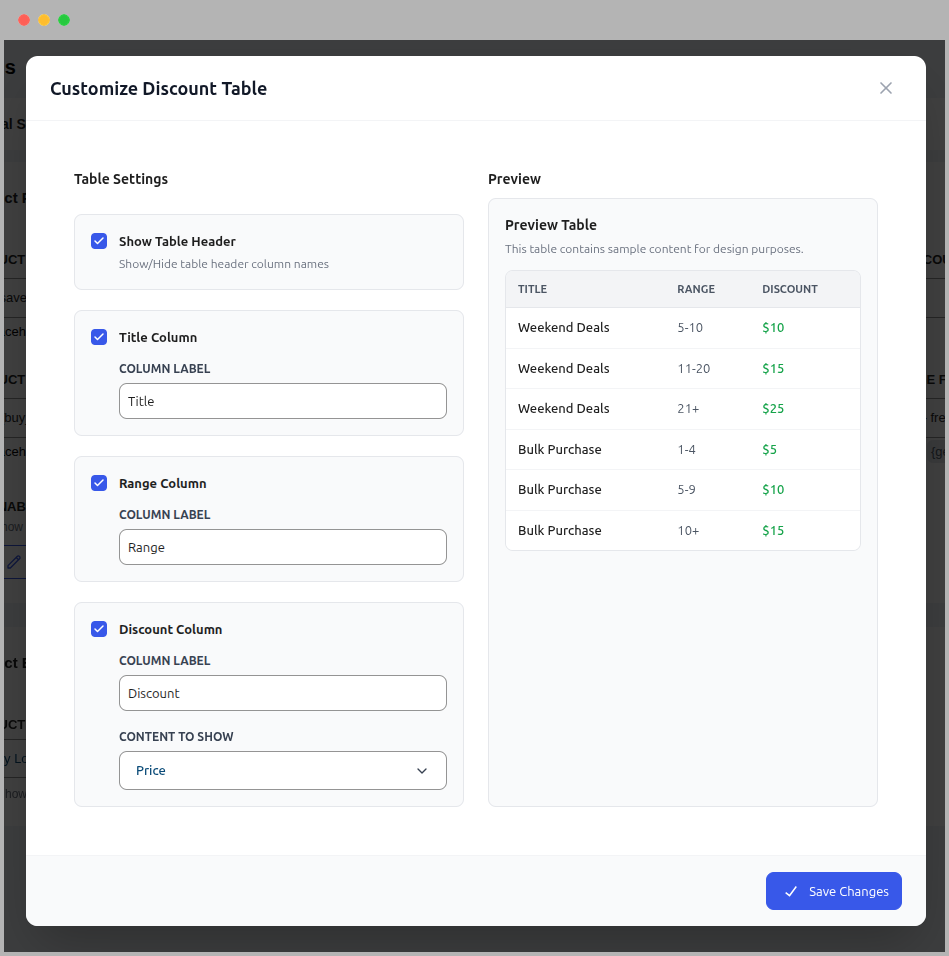 Quantity Discounts Table Settings