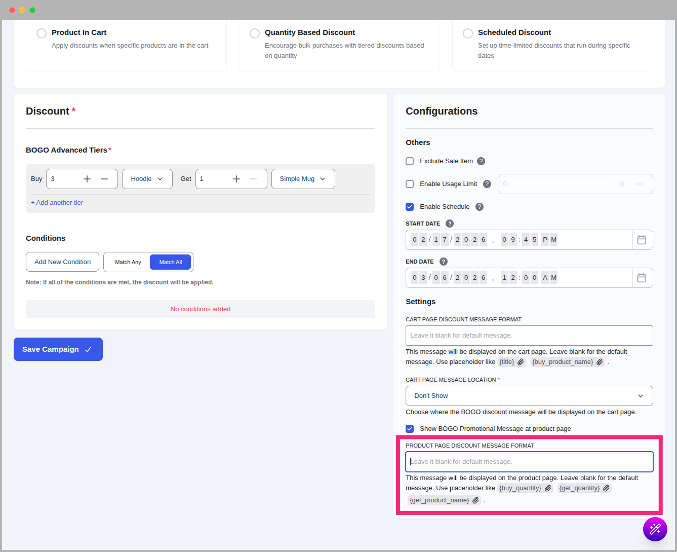 Product Page Message