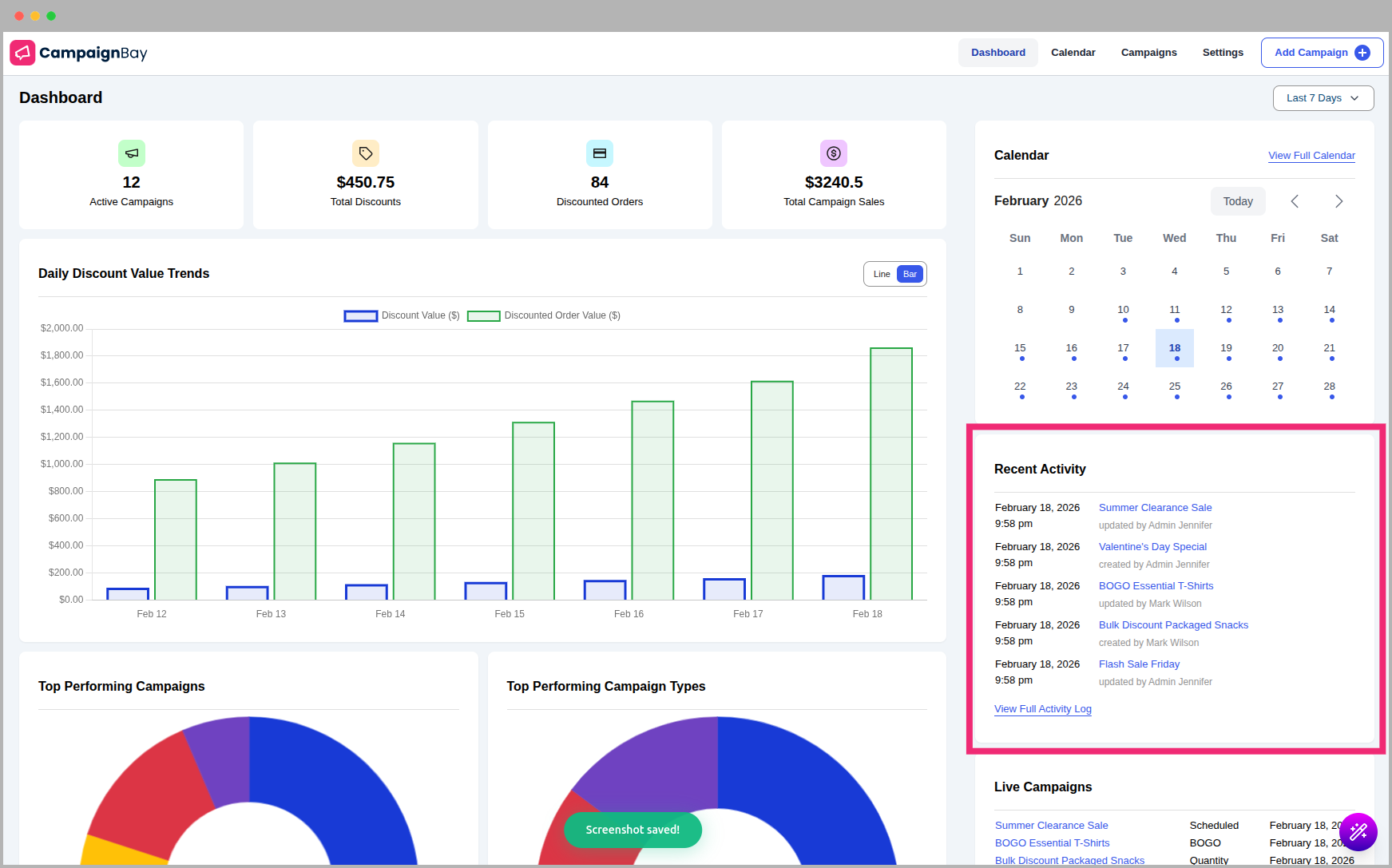 Recent Activity Log Widget