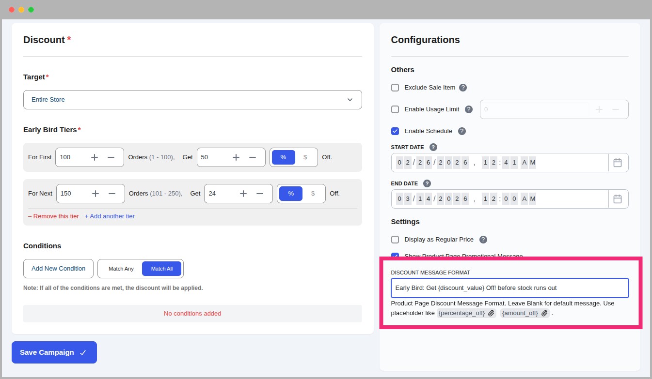 Product Page Promotional Message Format