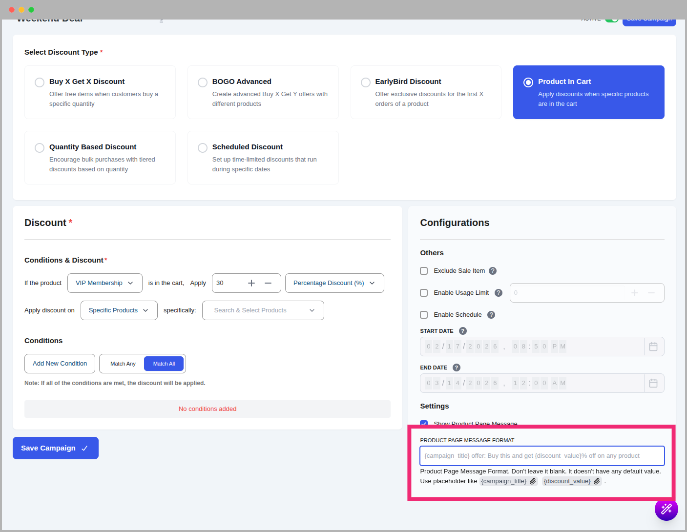 Product Page Message