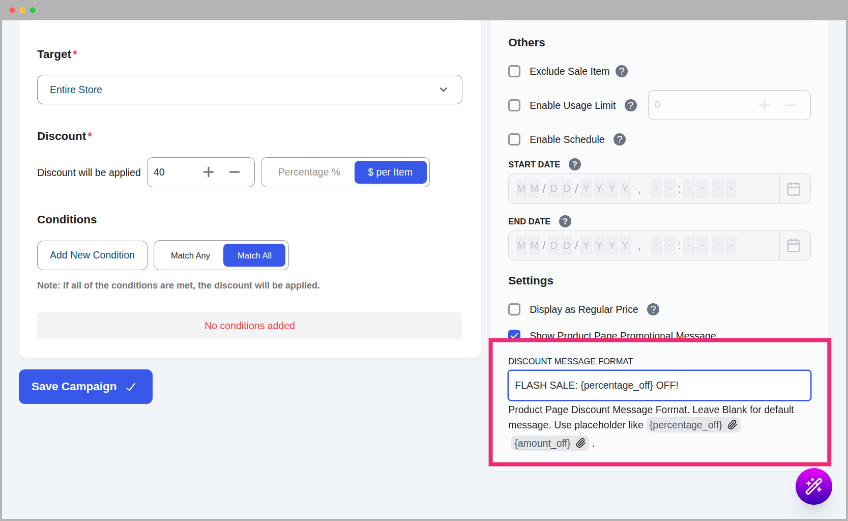 Product Page Promotional Message Format