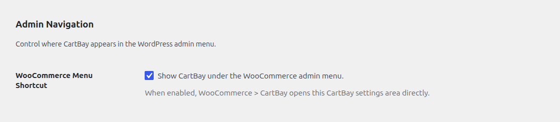 CartBay settings - Admin Navigation section