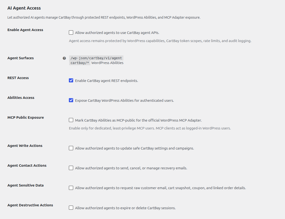 CartBay settings, AI agent access