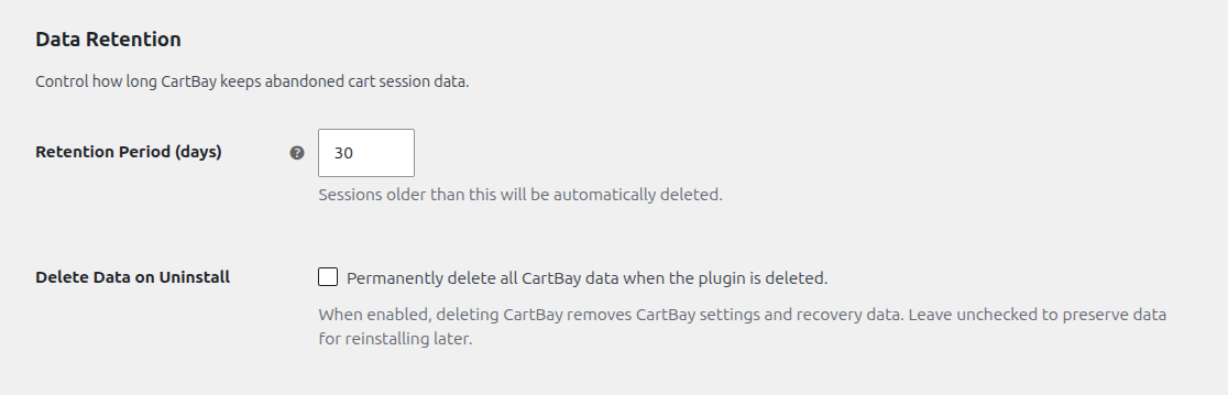 CartBay settings - Data Retention section