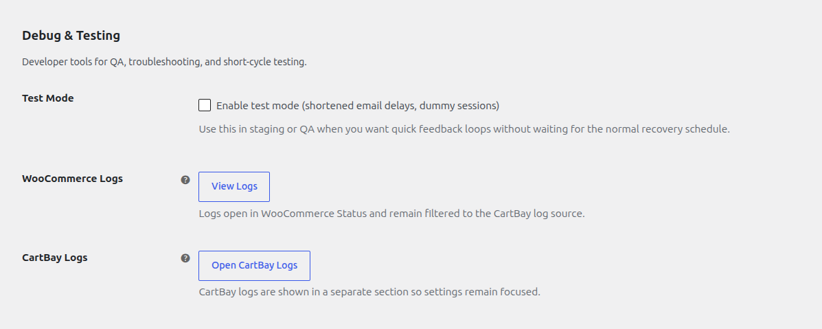 CartBay settings - Debug & Testing section