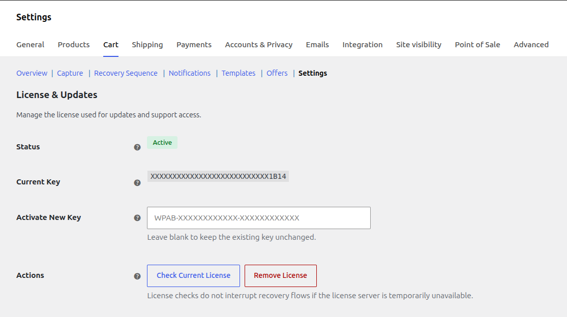 CartBay settings, license and updates