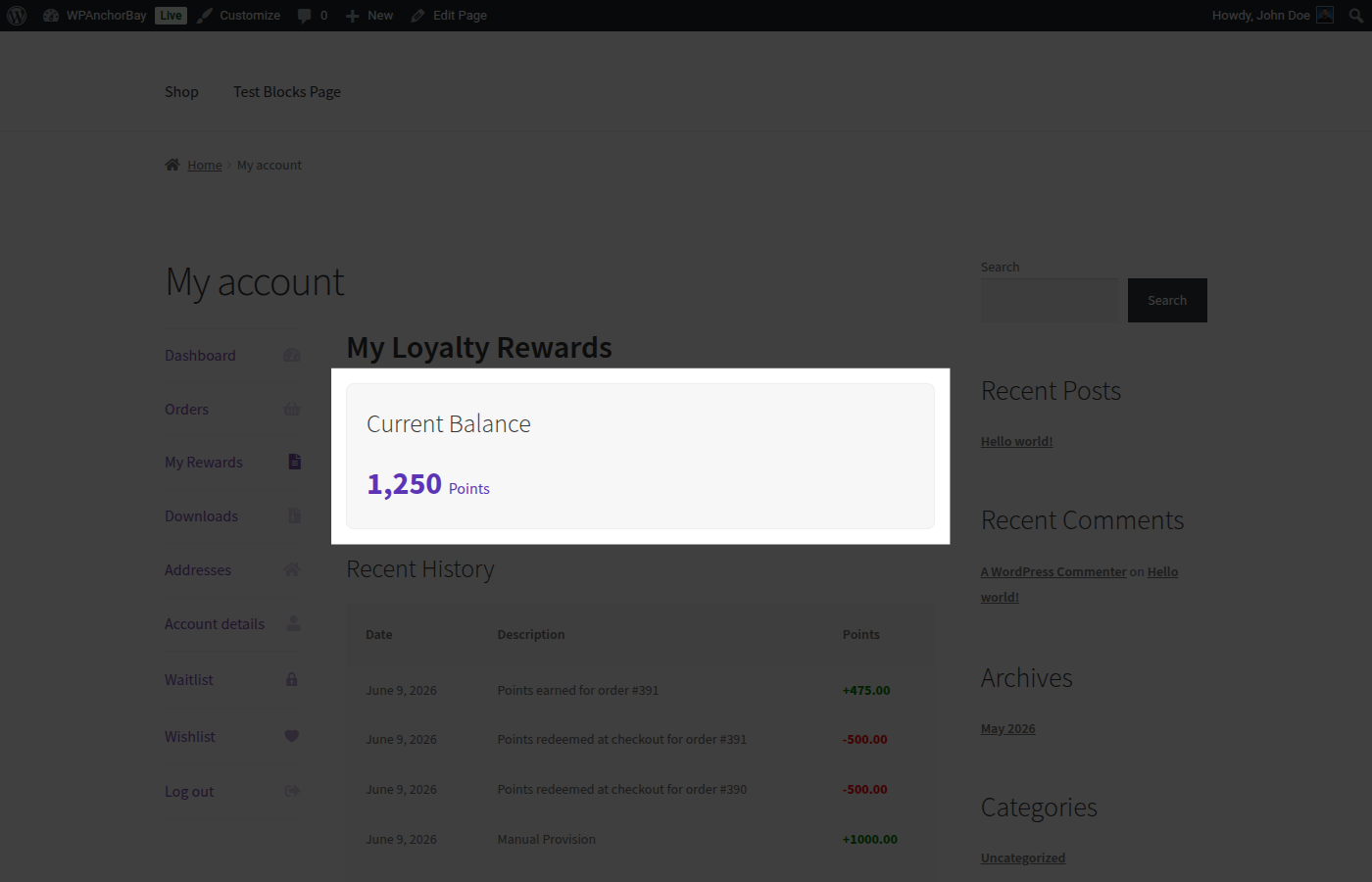 LoyaltyBay points balance widget in My Account