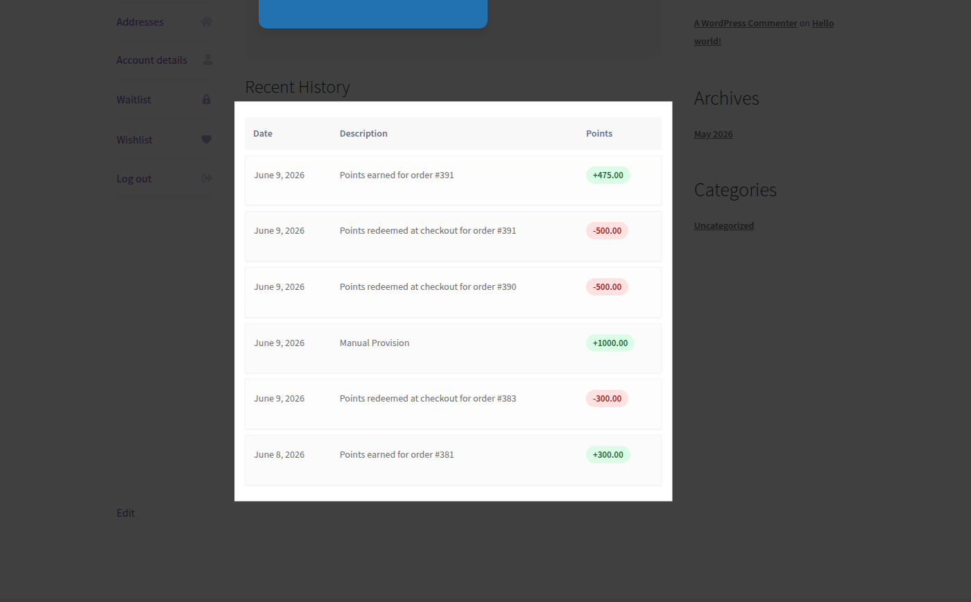 LoyaltyBay transaction history table