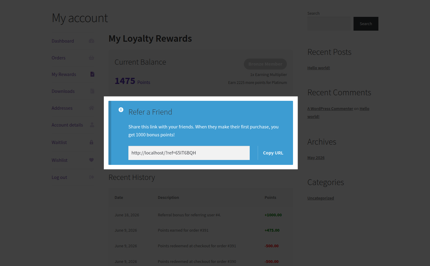 LoyaltyBay referral card in My Account