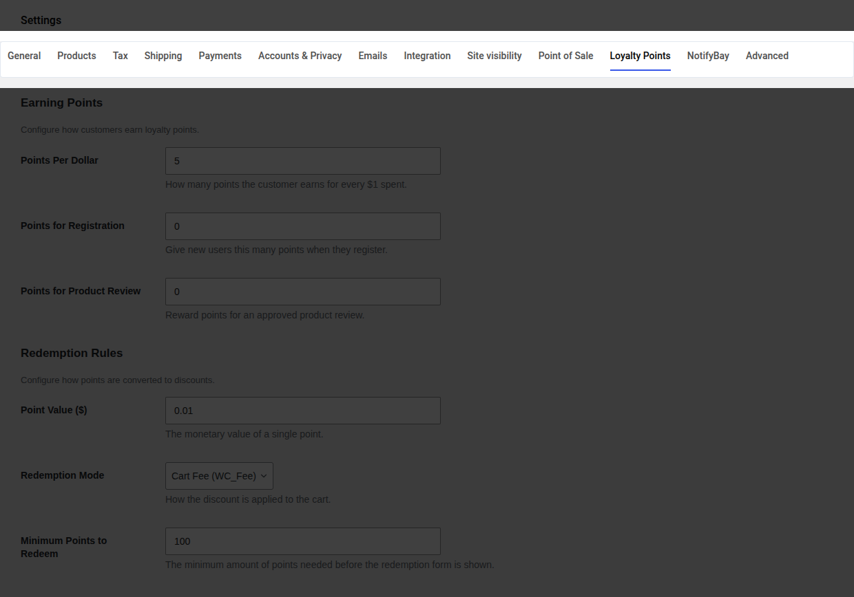 LoyaltyBay settings tabs in WooCommerce