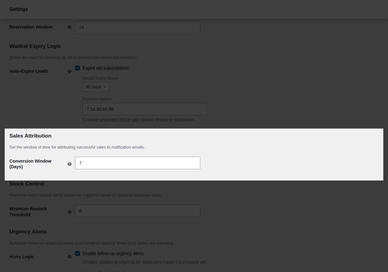 Sales Attribution Window Setting