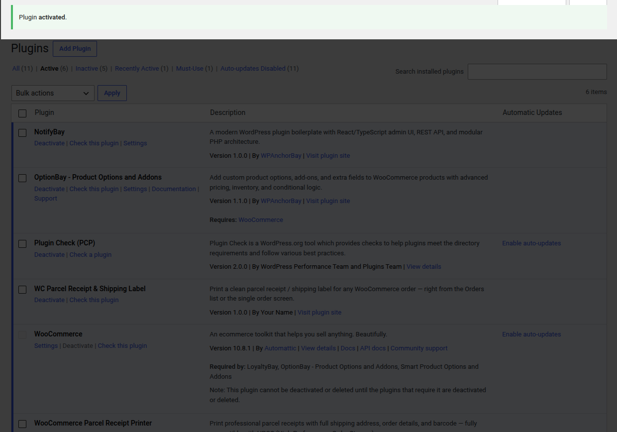 Plugin Activation Success Notice