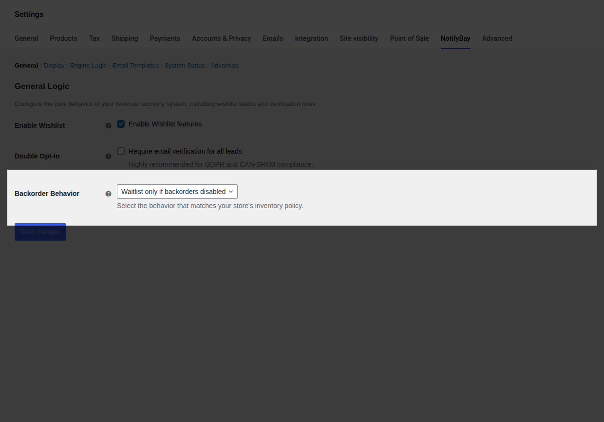 Backorder Behavior Dropdown