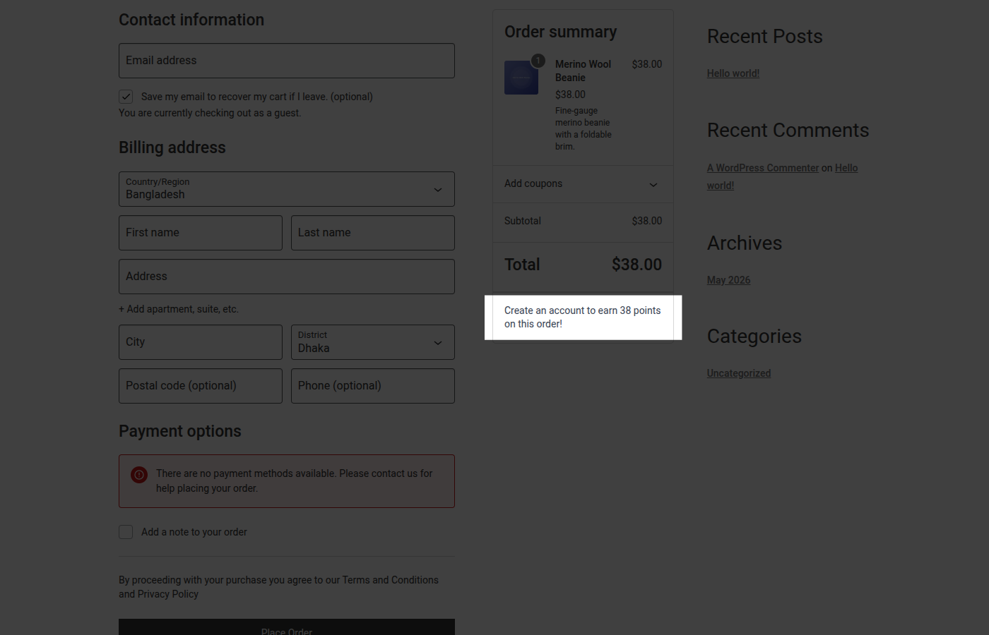 Checkout page showing the guest login/register prompt