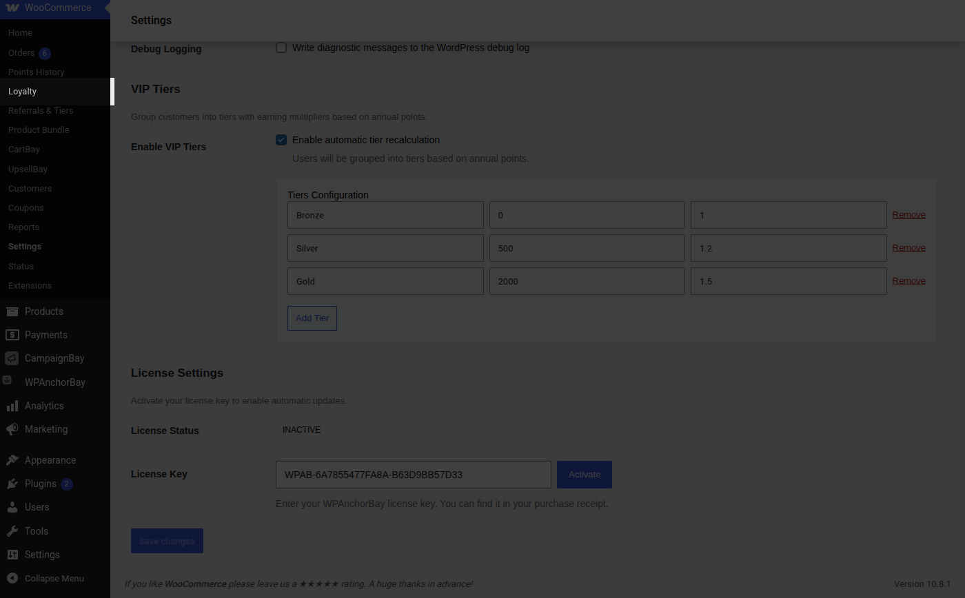WooCommerce admin menu with the Loyalty link highlighted