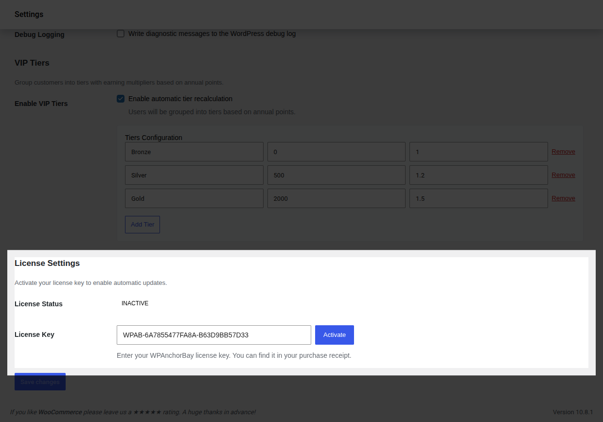 License Settings group with the key field and Activate button