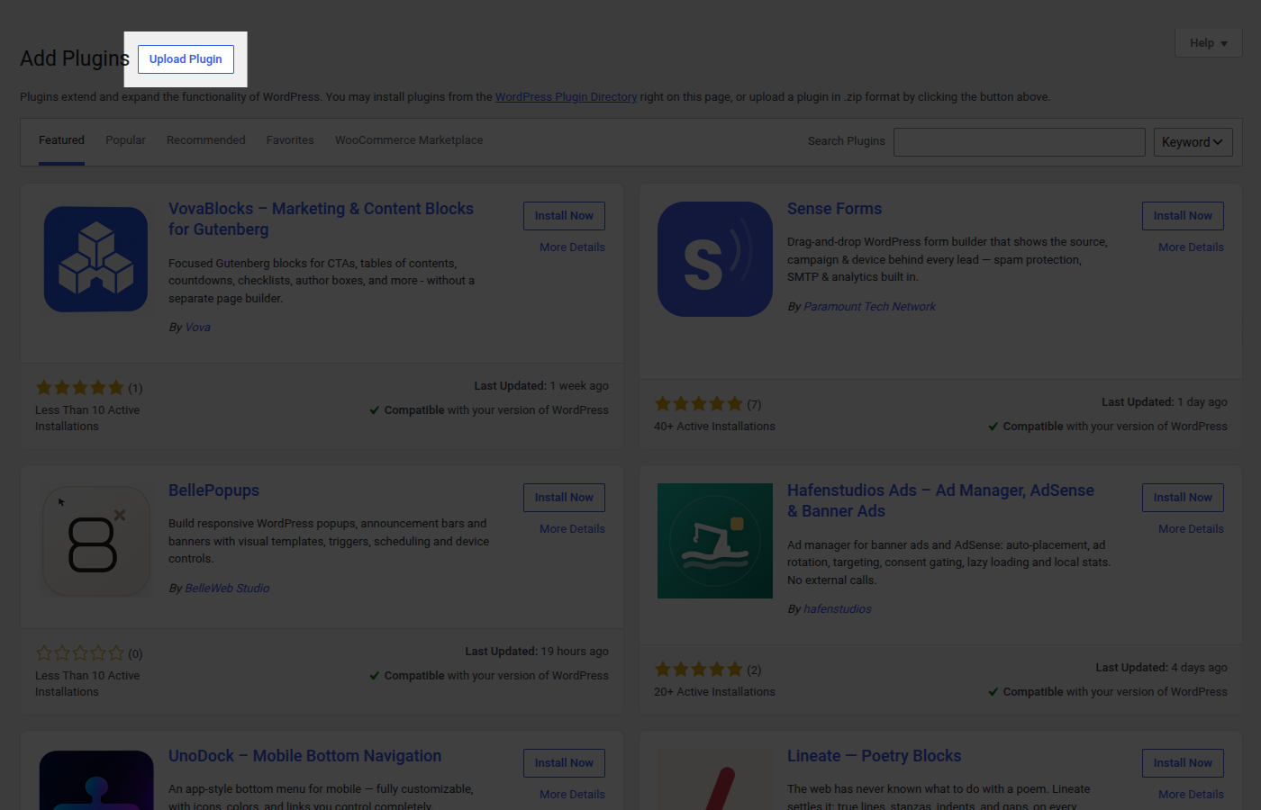 Plugins → Add New screen with the Upload Plugin button highlighted