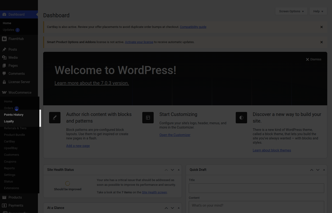 WooCommerce admin sidebar menu with the Loyalty and Points History links highlighted