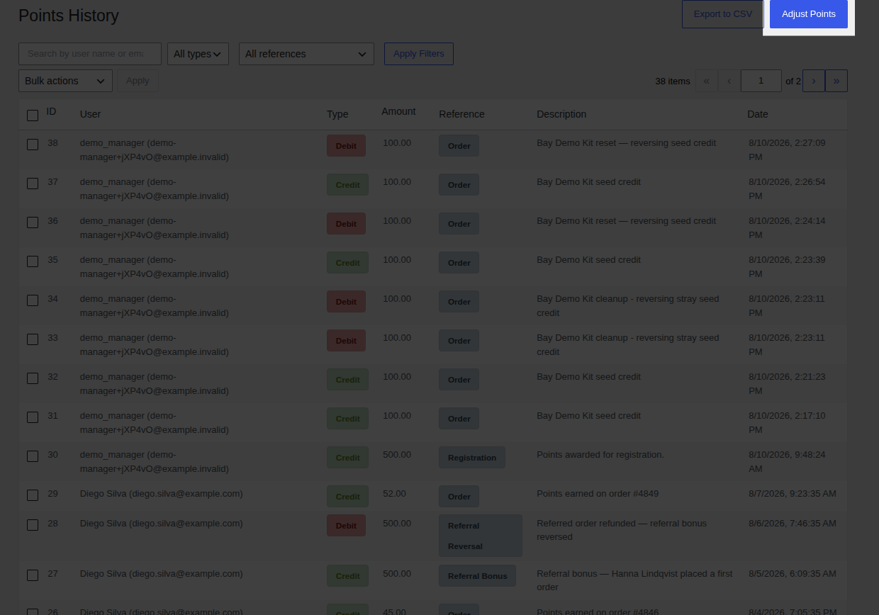 Points History page header with the Adjust Points button