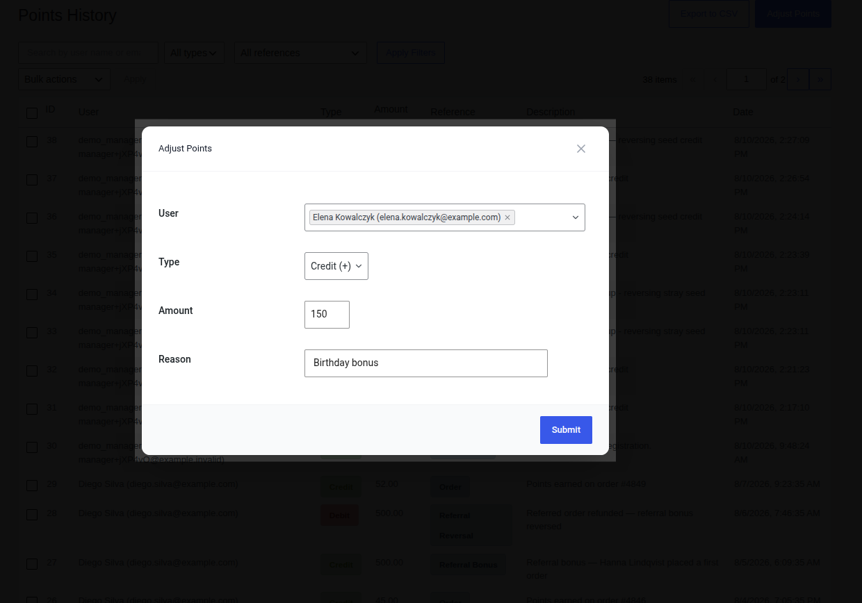 Adjust Points dialog with User, Type, Amount, and Reason fields filled in