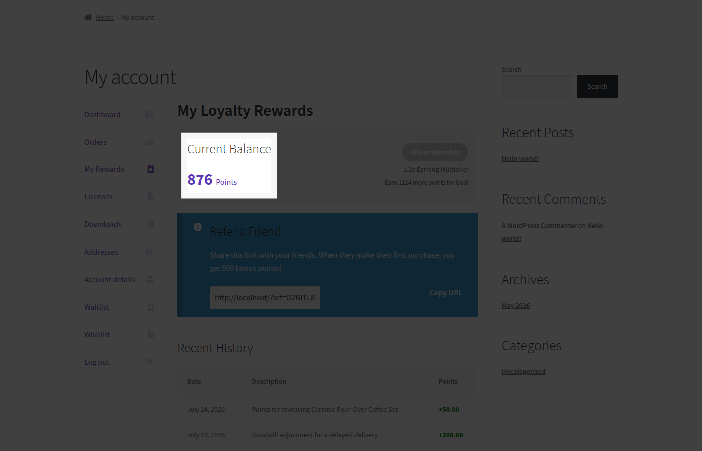 Current Balance card showing the customer's points total