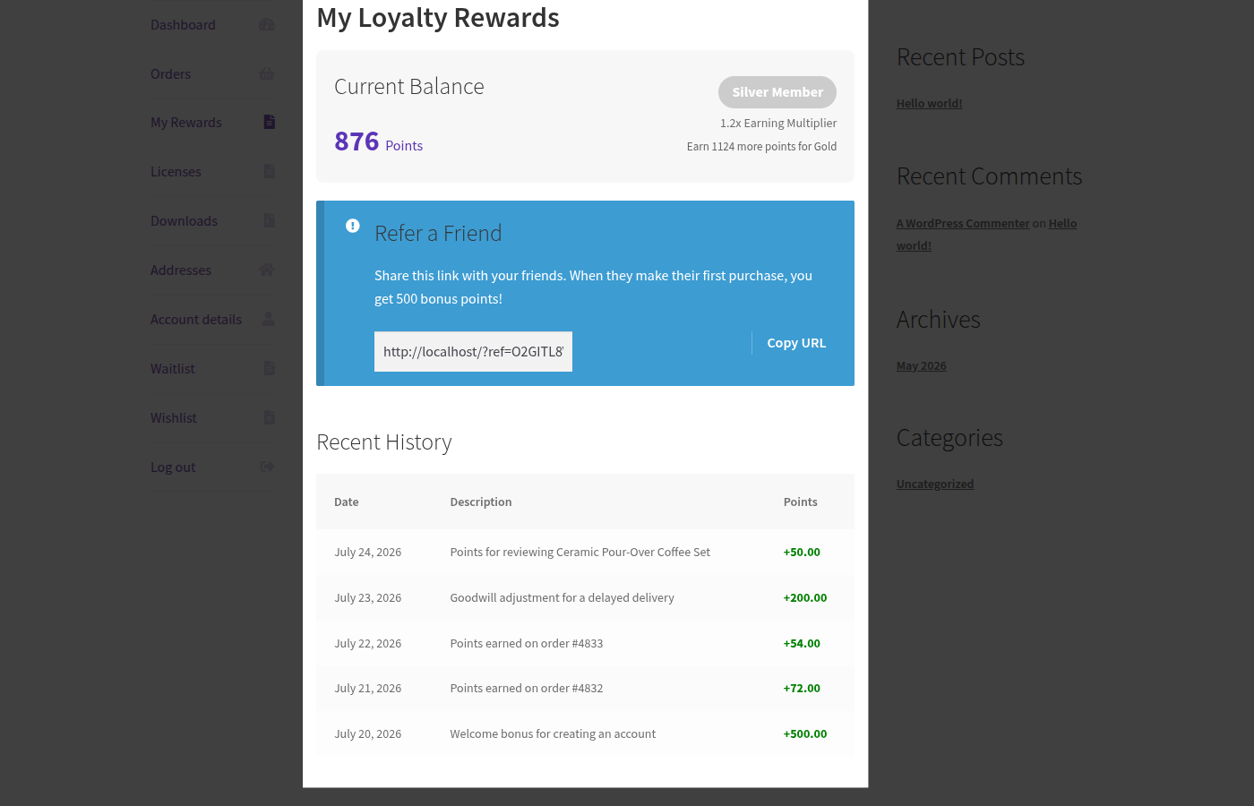 Full My Rewards page with balance, tier, and referral link populated