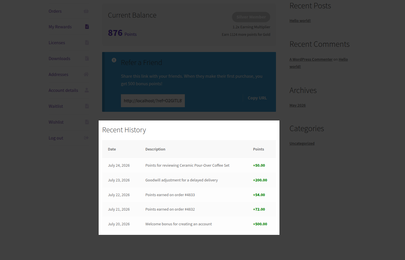 Recent History table with credit and debit rows