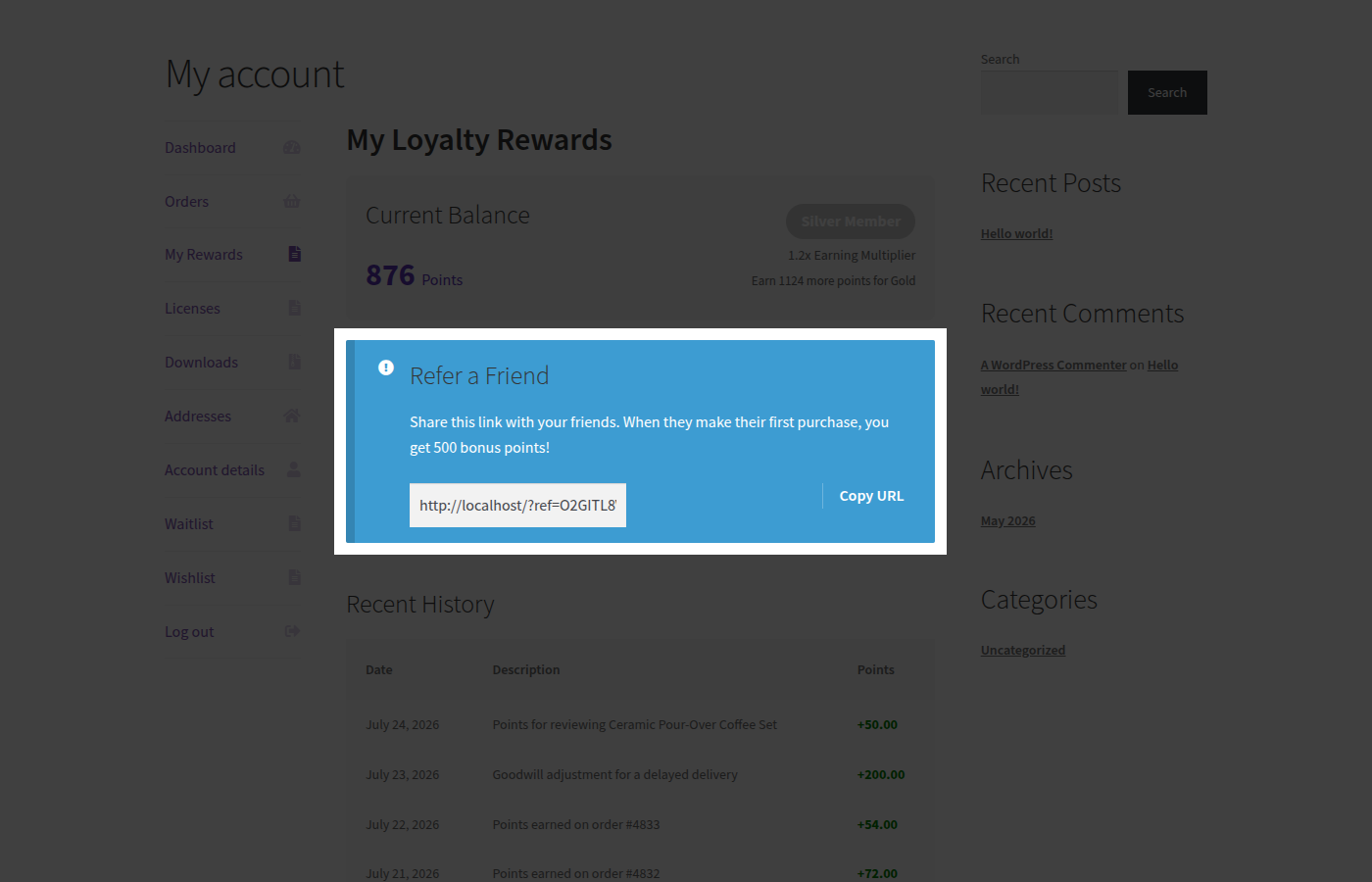 Refer a Friend card with referral link field and Copy URL button