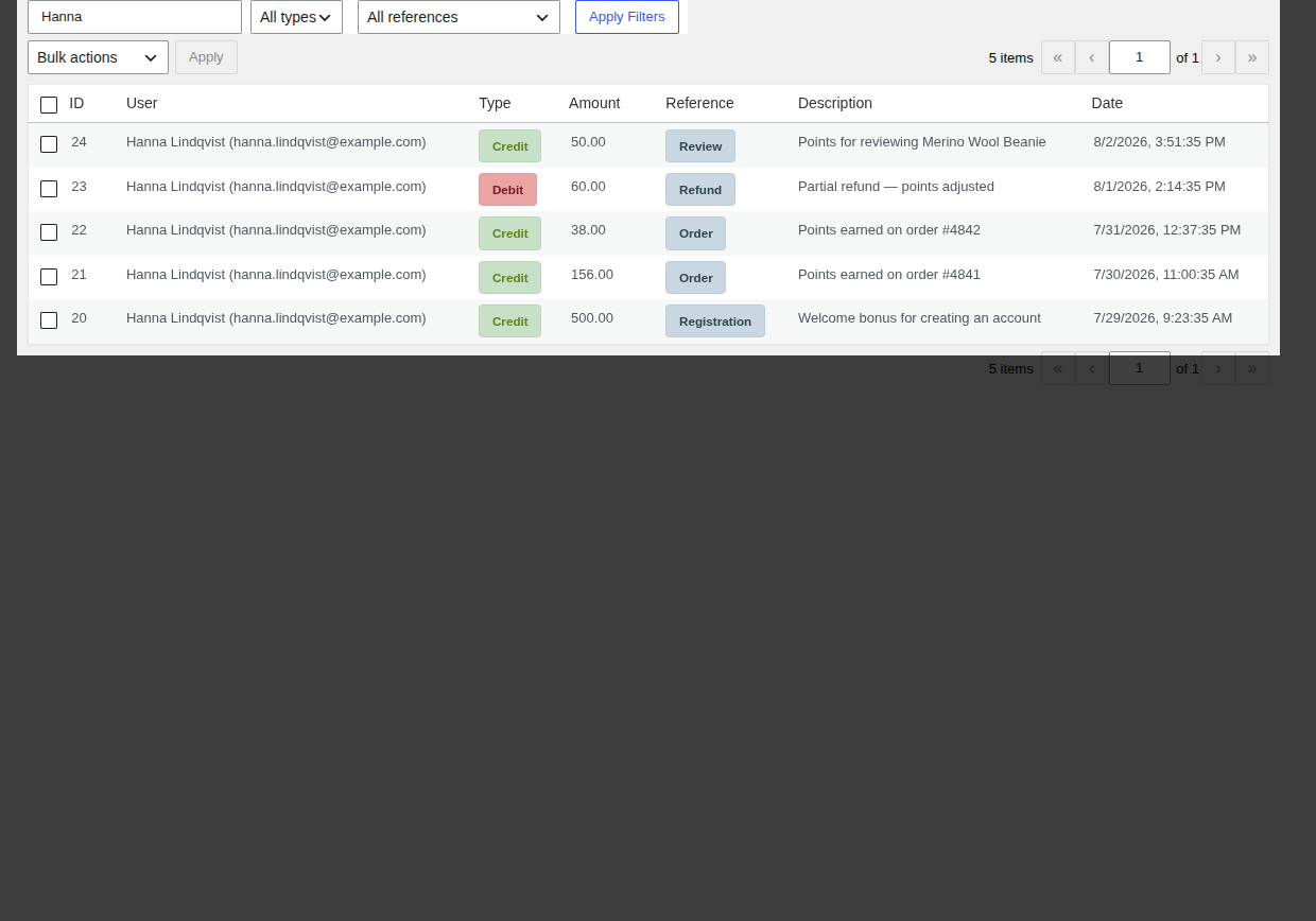 Search Ledger box with a name typed in and filtered results