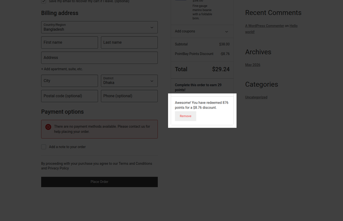 Checkout with the applied discount confirmation and updated order total