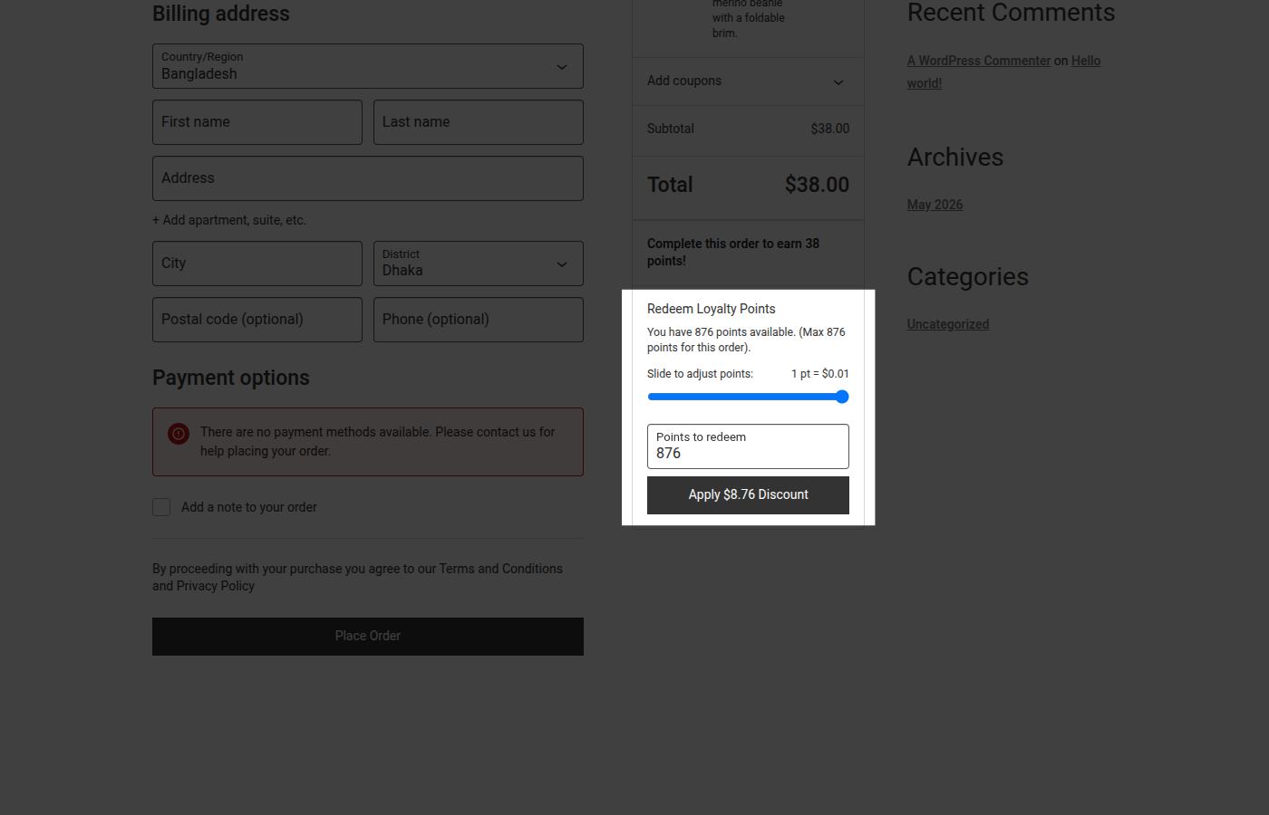 Checkout with the Redeem Loyalty Points panel and slider visible, unapplied