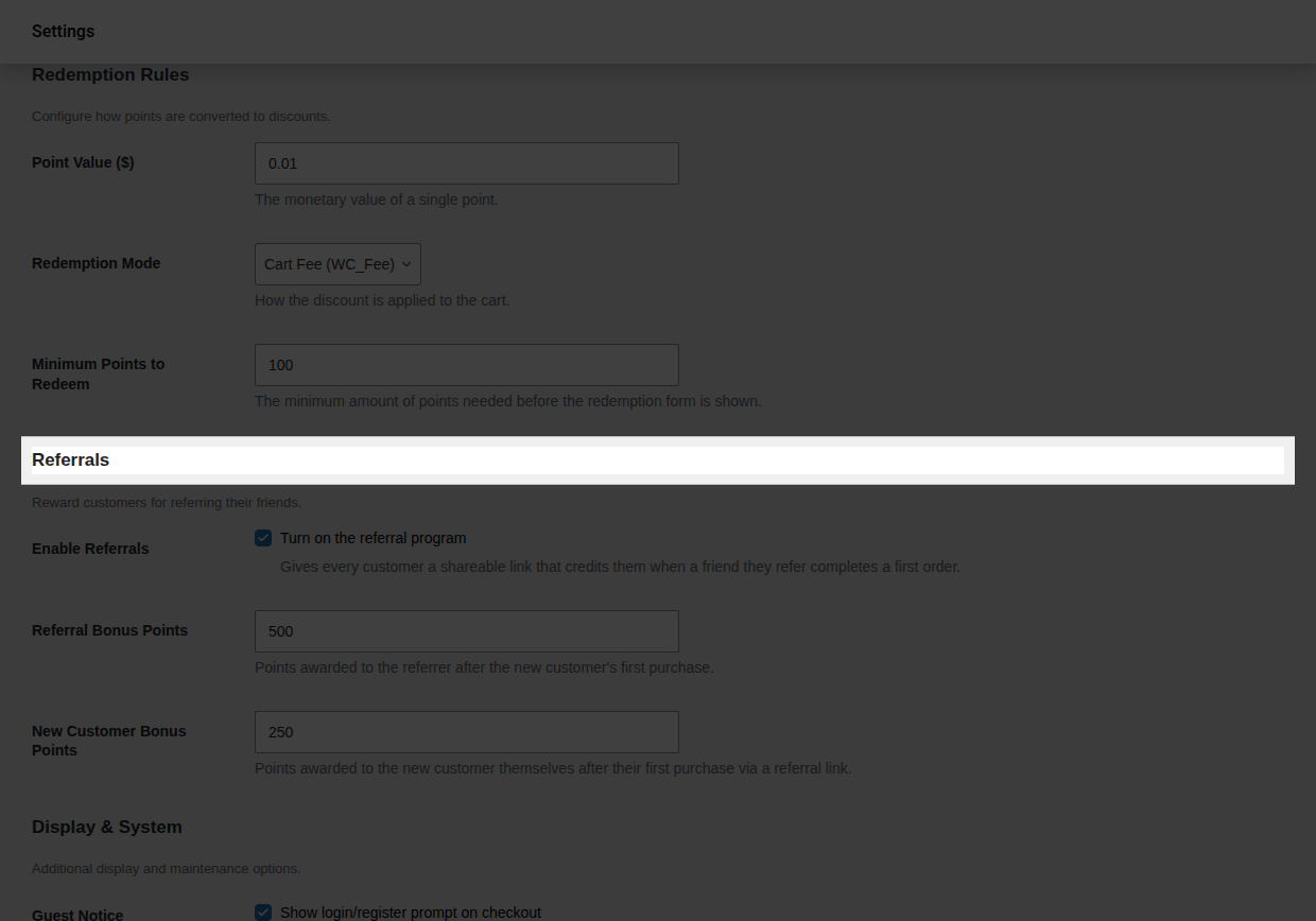 Loyalty Points settings screen scrolled to the Referrals group