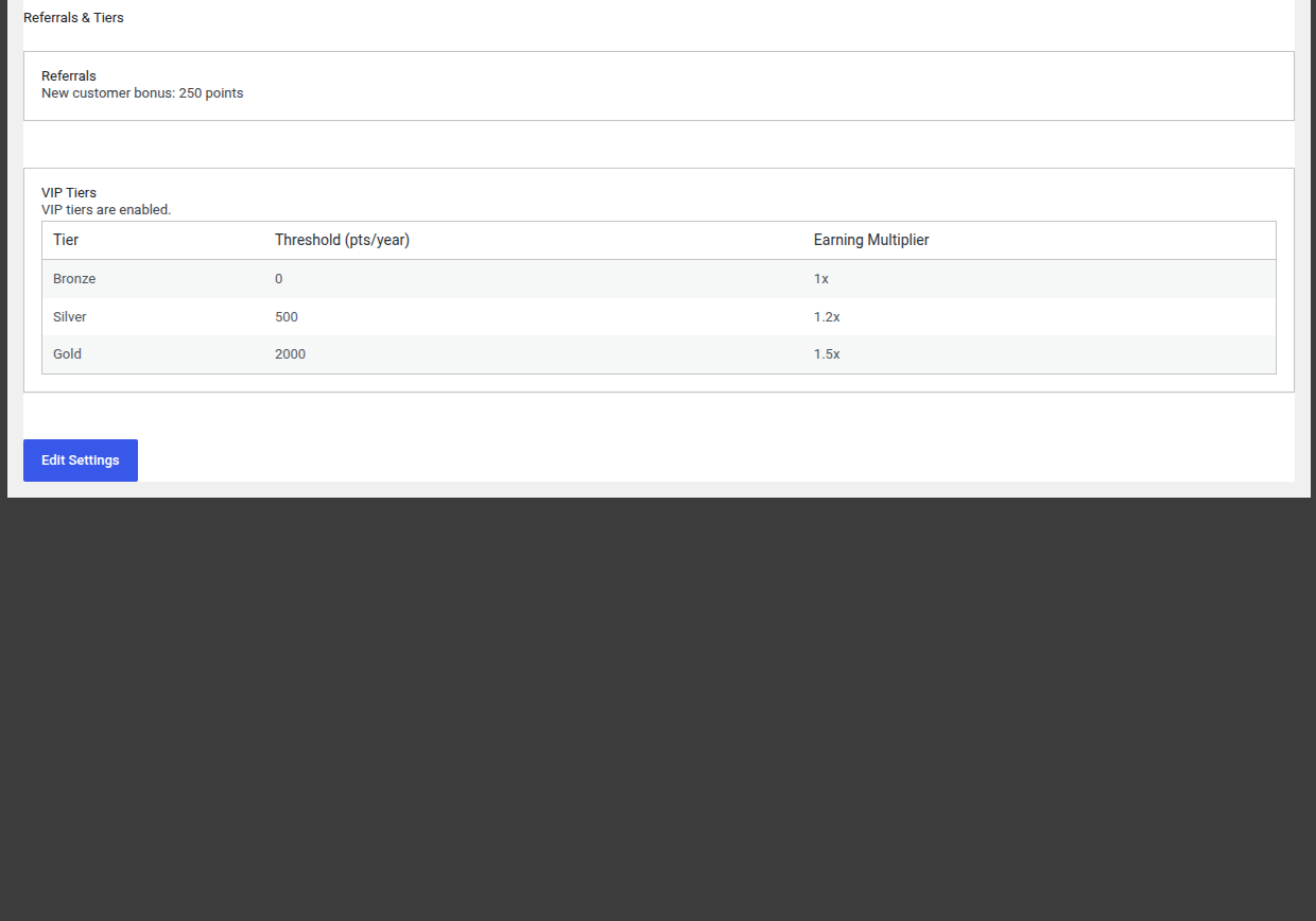 Full Referrals & Tiers page including the VIP Tiers status line