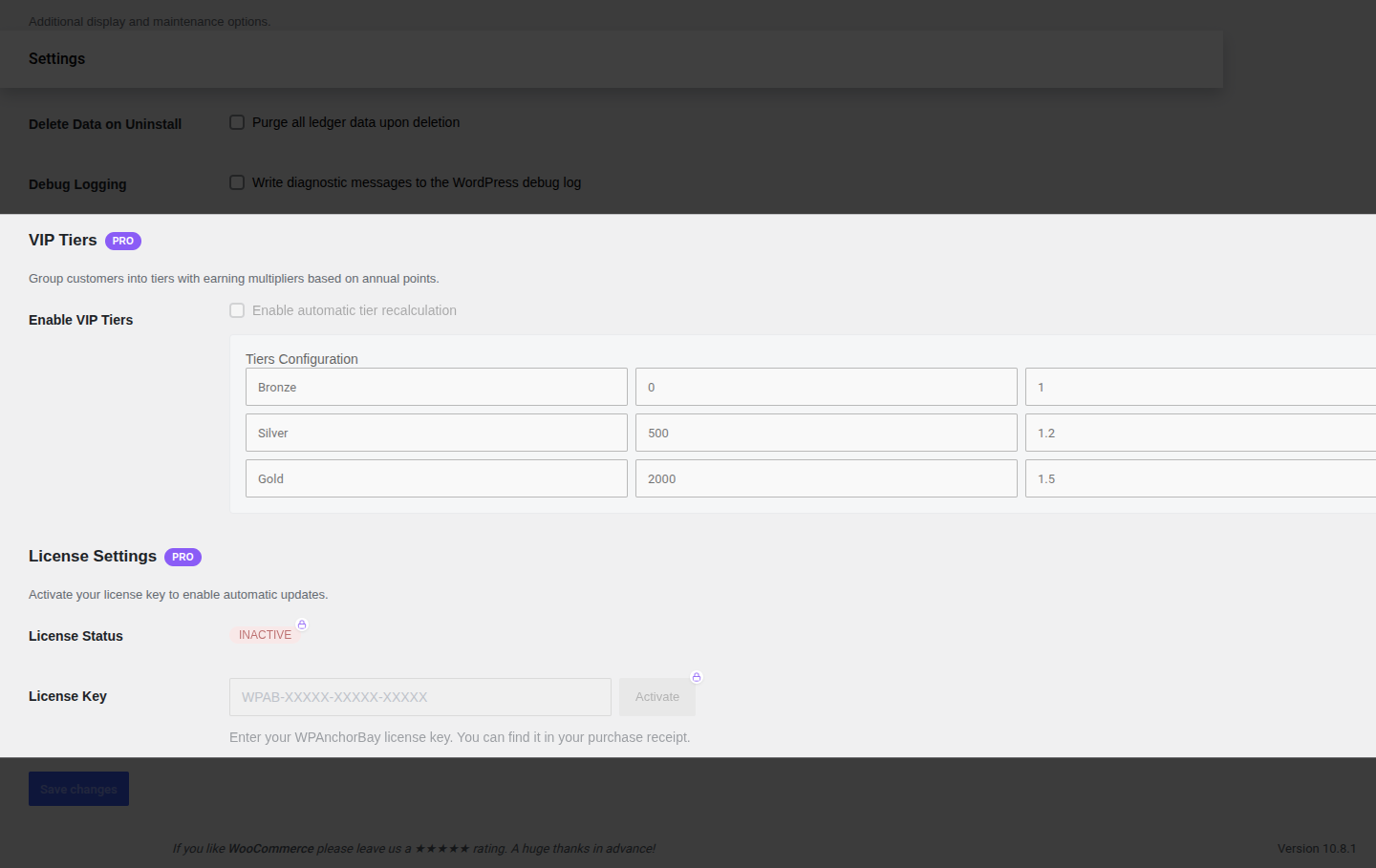 VIP Tiers and License Settings shown as locked PRO previews in the free plugin