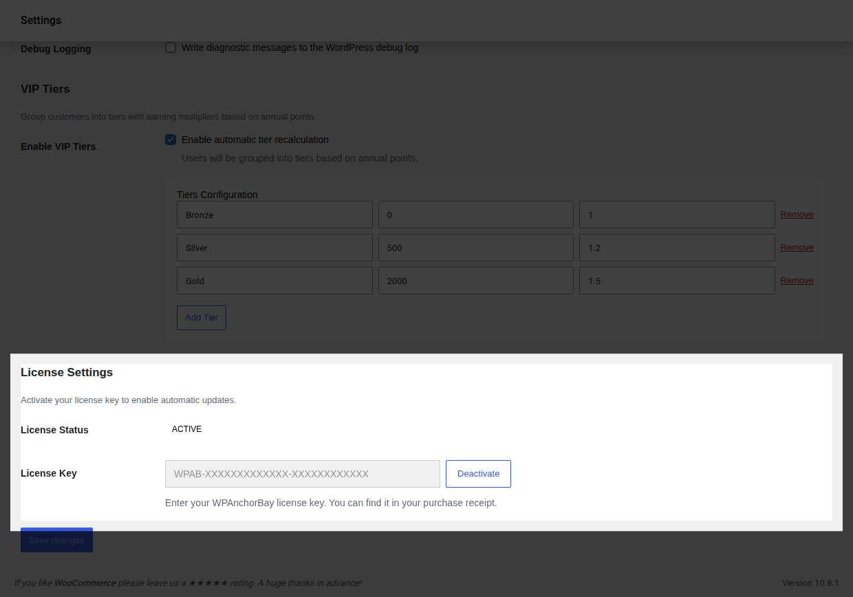 License Settings group showing Active status