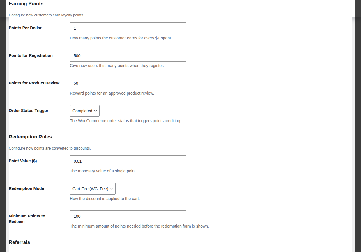 Full Loyalty Points settings screen showing multiple setting groups