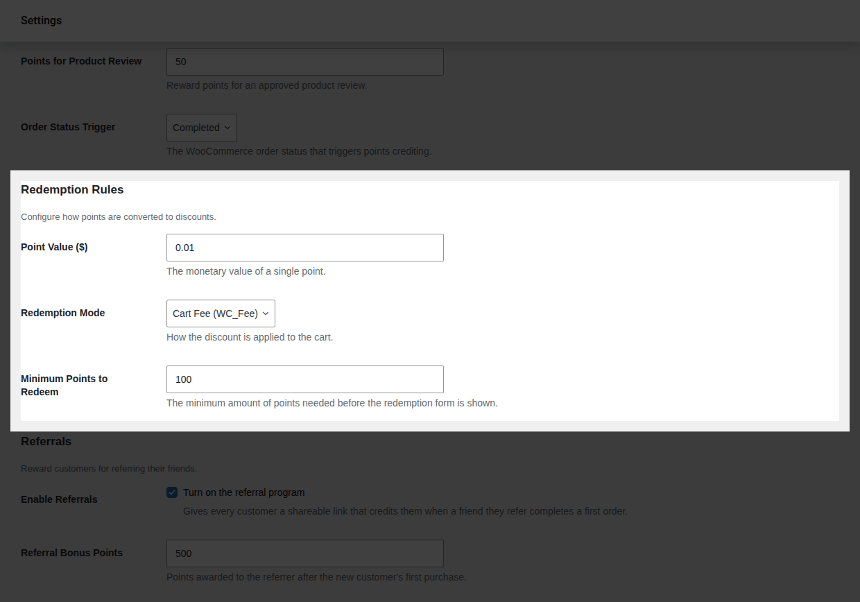 Redemption Rules settings group
