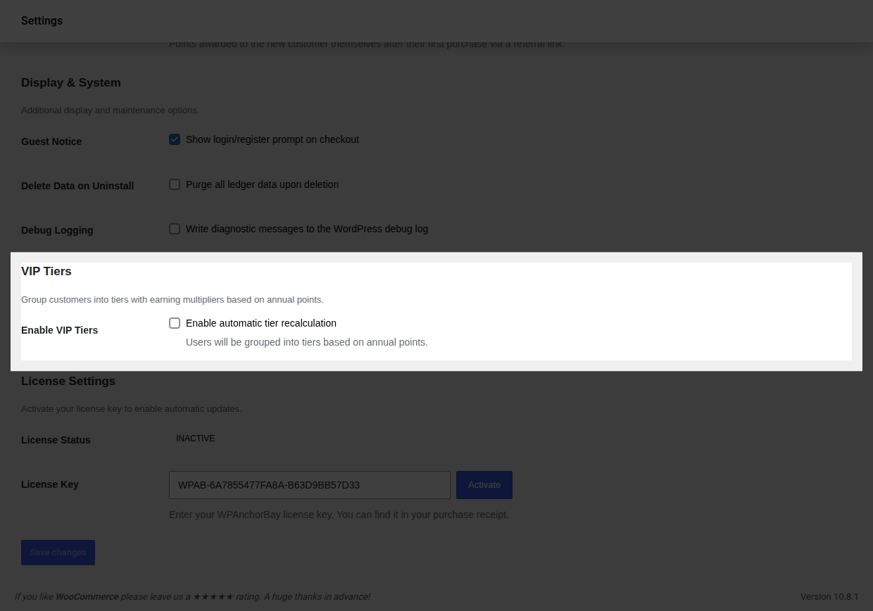 VIP Tiers settings group with the Enable toggle