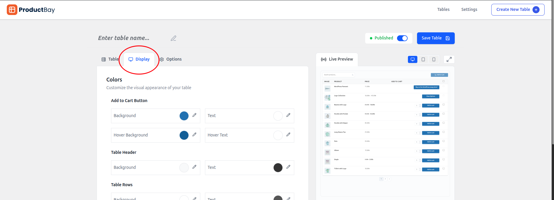 Create New Table - Display Tab