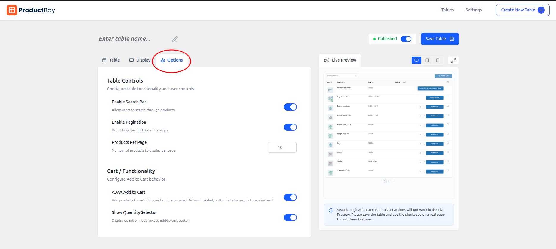Create New Table - Options Tab