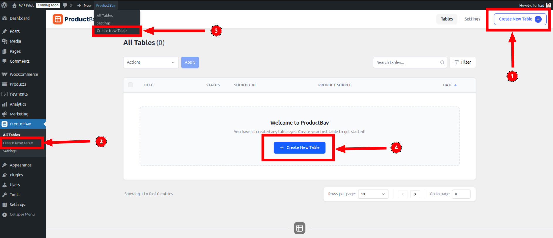 Create New Table Options