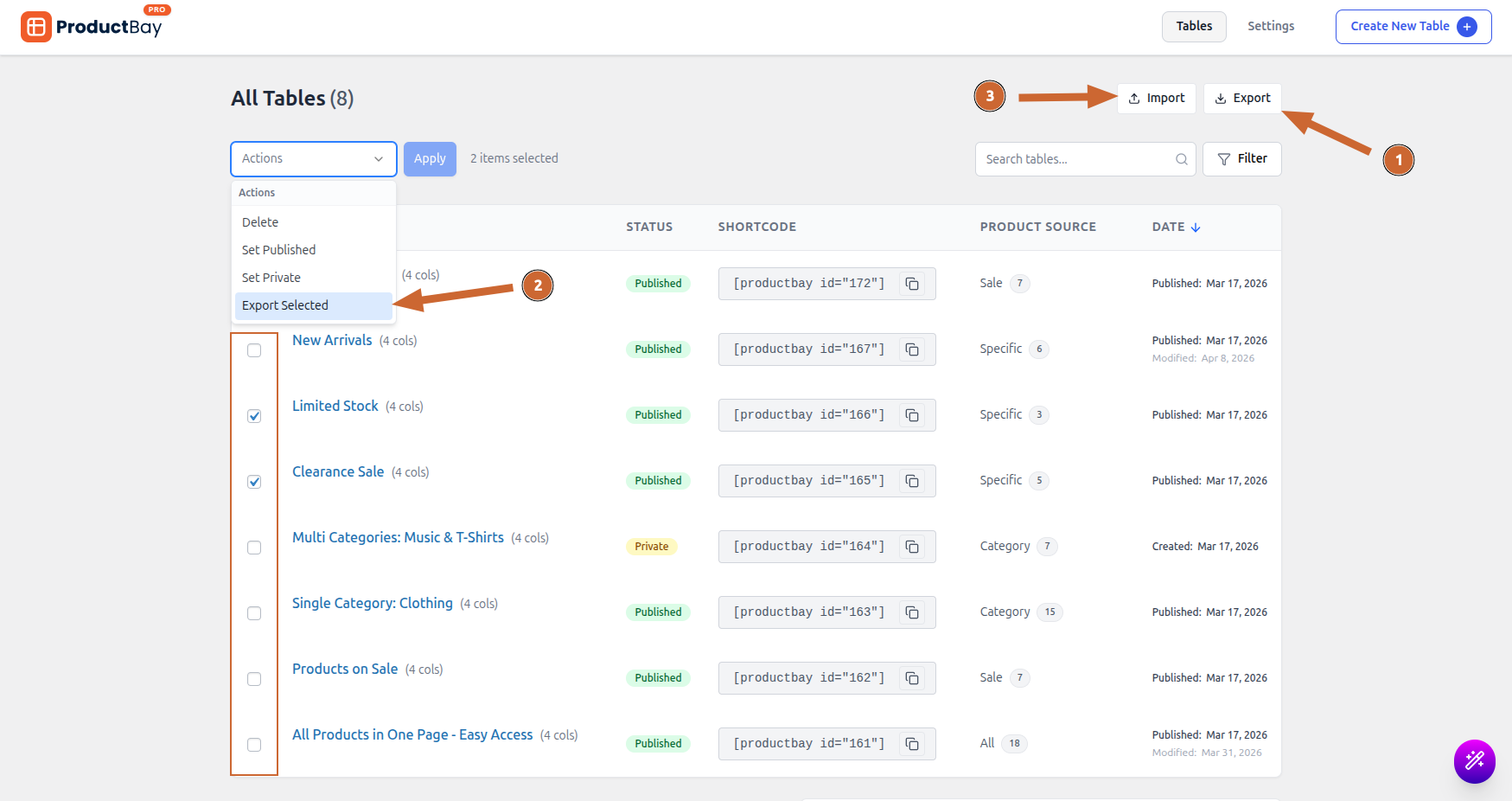 Import Export Tables