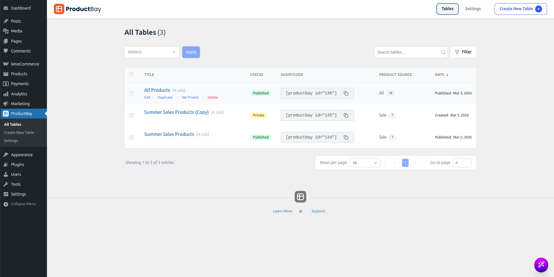 All Tables Dashboard