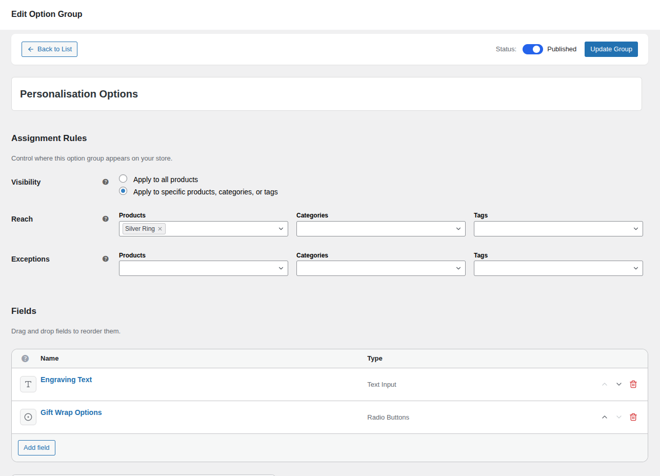 The Assignment Rules section showing Visibility, Reach, and Exceptions